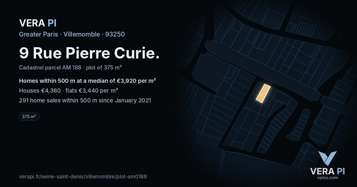 9 Rue Pierre Curie, Villemomble at night – the plot lit, the parcels around coloured by the prices near them