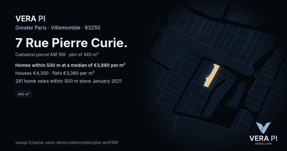 7 Rue Pierre Curie, Villemomble at night – the plot lit, the parcels around coloured by the prices near them