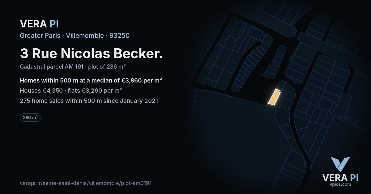 3 Rue Nicolas Becker, Villemomble at night – the plot lit, the parcels around coloured by the prices near them
