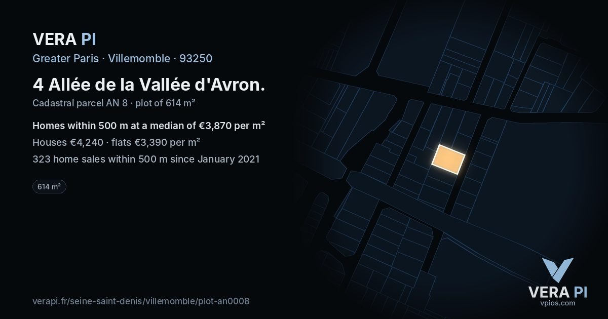 4 Allée de la Vallée d'Avron, Villemomble at night – the plot lit, the parcels around coloured by the prices near them