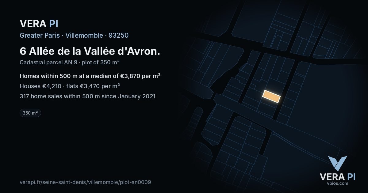 6 Allée de la Vallée d'Avron, Villemomble at night – the plot lit, the parcels around coloured by the prices near them