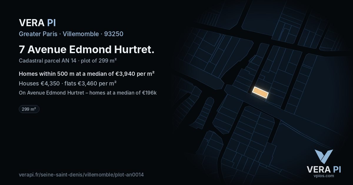 7 Avenue Edmond Hurtret, Villemomble at night – the plot lit, the parcels around coloured by the prices near them