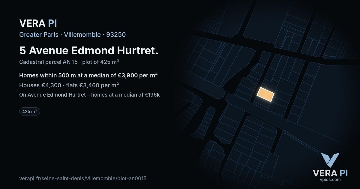 5 Avenue Edmond Hurtret, Villemomble at night – the plot lit, the parcels around coloured by the prices near them