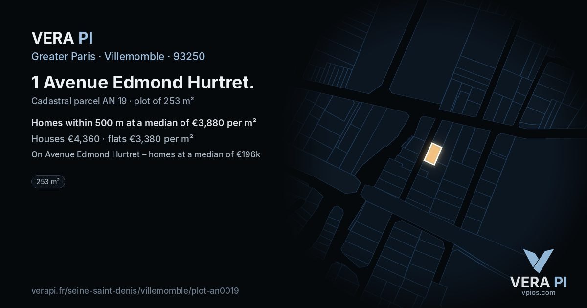 1 Avenue Edmond Hurtret, Villemomble at night – the plot lit, the parcels around coloured by the prices near them
