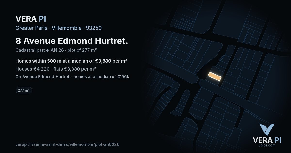 8 Avenue Edmond Hurtret, Villemomble at night – the plot lit, the parcels around coloured by the prices near them