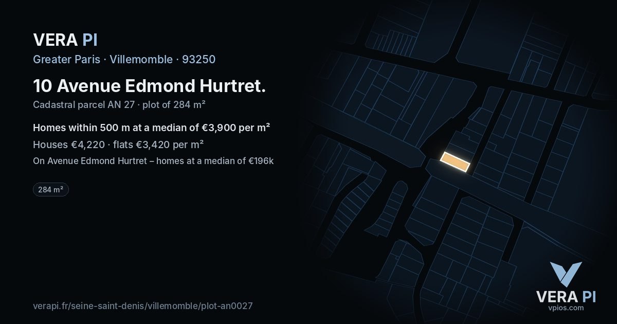 10 Avenue Edmond Hurtret, Villemomble at night – the plot lit, the parcels around coloured by the prices near them