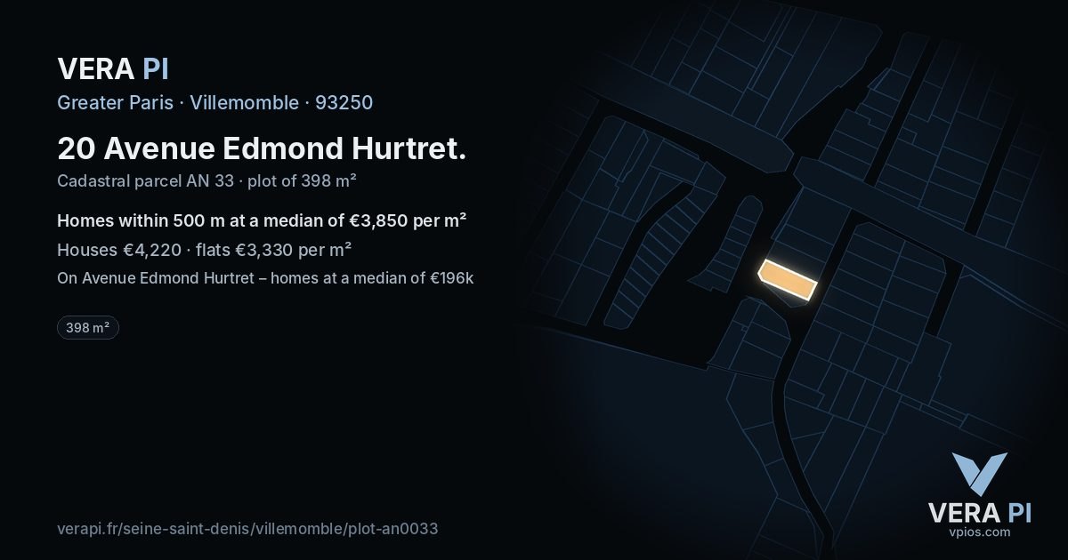20 Avenue Edmond Hurtret, Villemomble at night – the plot lit, the parcels around coloured by the prices near them