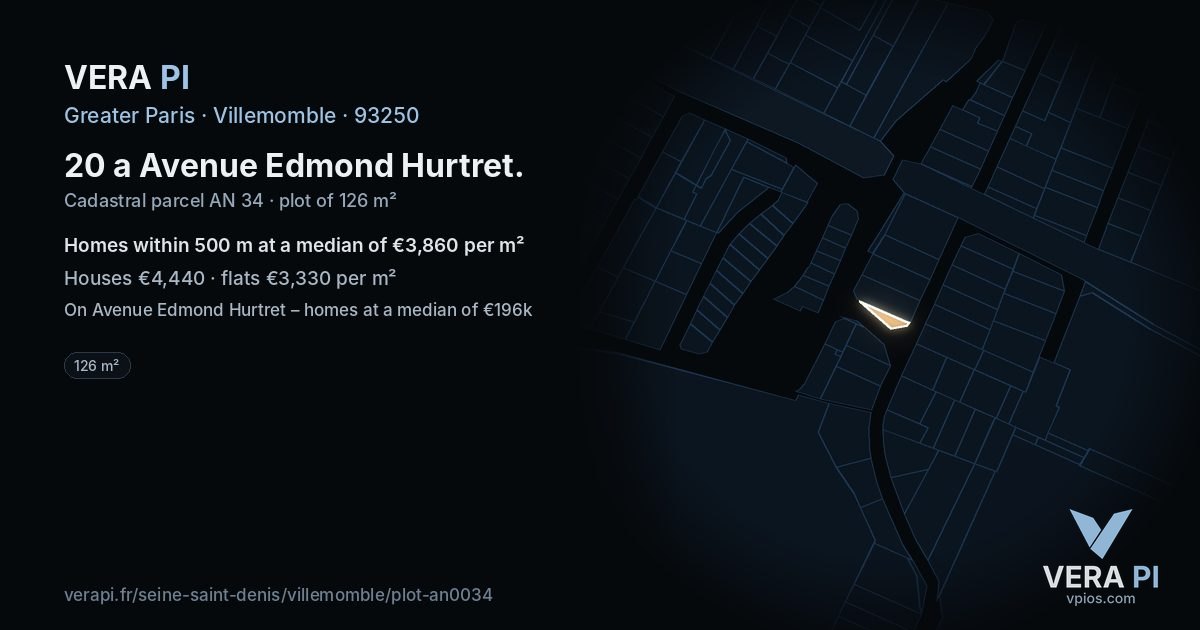20 a Avenue Edmond Hurtret, Villemomble at night – the plot lit, the parcels around coloured by the prices near them