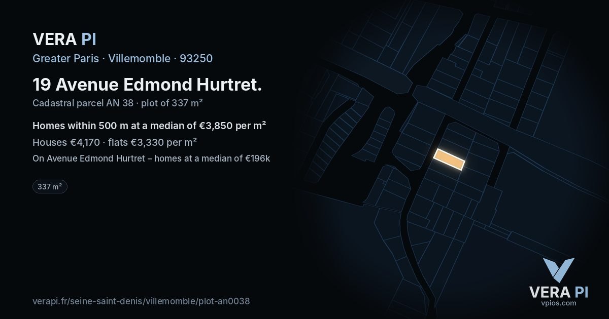 19 Avenue Edmond Hurtret, Villemomble at night – the plot lit, the parcels around coloured by the prices near them