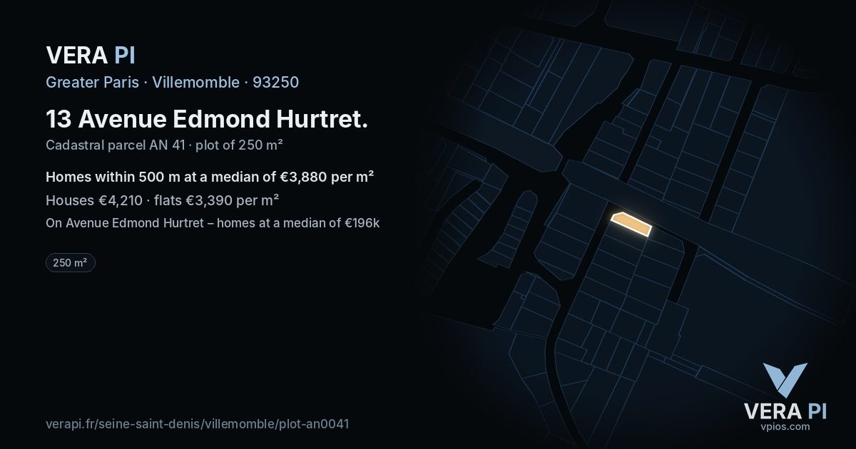 13 Avenue Edmond Hurtret, Villemomble at night – the plot lit, the parcels around coloured by the prices near them