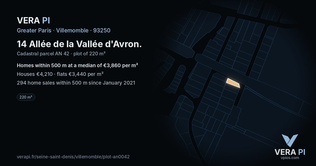 14 Allée de la Vallée d'Avron, Villemomble at night – the plot lit, the parcels around coloured by the prices near them