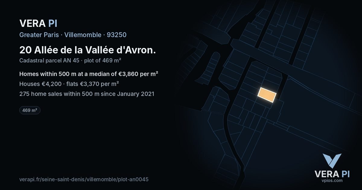 20 Allée de la Vallée d'Avron, Villemomble at night – the plot lit, the parcels around coloured by the prices near them