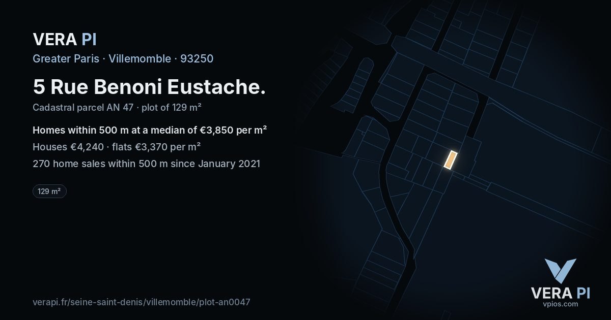 5 Rue Benoni Eustache, Villemomble at night – the plot lit, the parcels around coloured by the prices near them