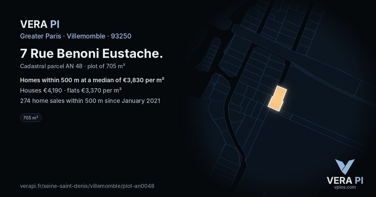 7 Rue Benoni Eustache, Villemomble at night – the plot lit, the parcels around coloured by the prices near them