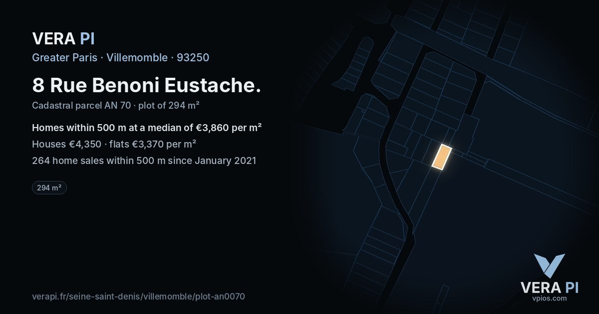 8 Rue Benoni Eustache, Villemomble at night – the plot lit, the parcels around coloured by the prices near them