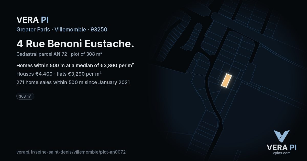 4 Rue Benoni Eustache, Villemomble at night – the plot lit, the parcels around coloured by the prices near them