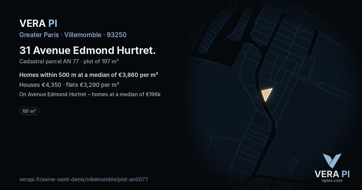 31 Avenue Edmond Hurtret, Villemomble at night – the plot lit, the parcels around coloured by the prices near them