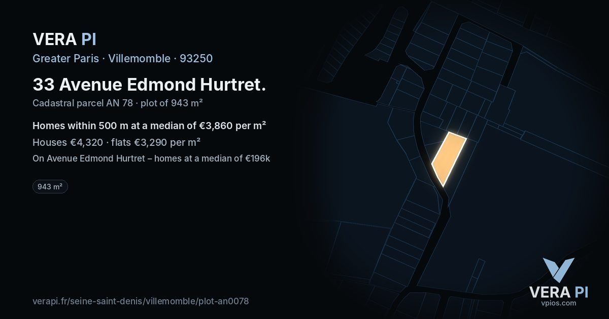 33 Avenue Edmond Hurtret, Villemomble at night – the plot lit, the parcels around coloured by the prices near them