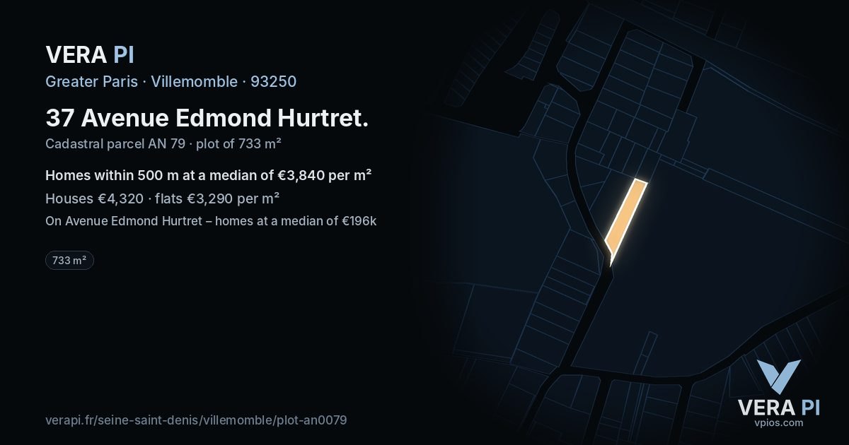 37 Avenue Edmond Hurtret, Villemomble at night – the plot lit, the parcels around coloured by the prices near them