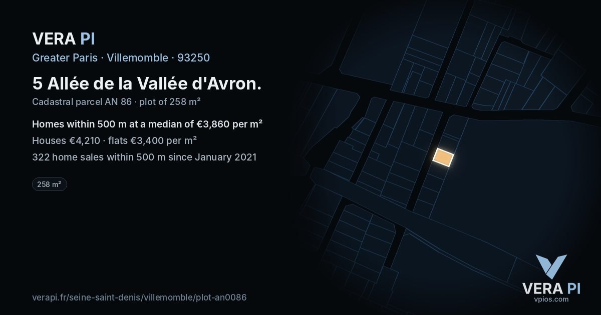 5 Allée de la Vallée d'Avron, Villemomble at night – the plot lit, the parcels around coloured by the prices near them