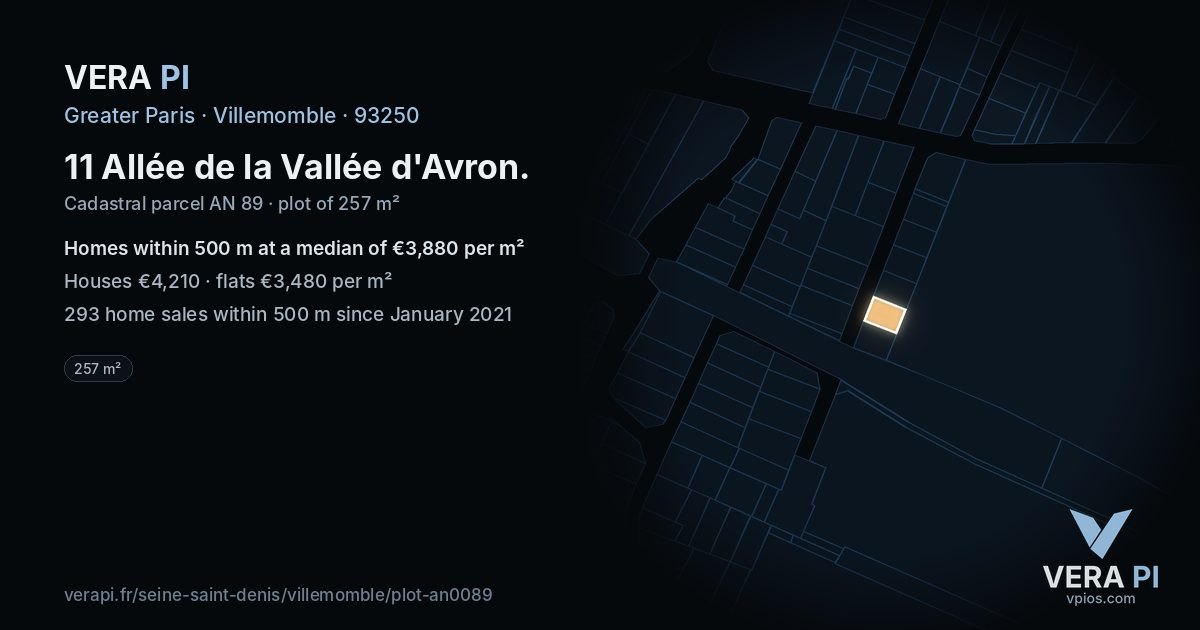 11 Allée de la Vallée d'Avron, Villemomble at night – the plot lit, the parcels around coloured by the prices near them