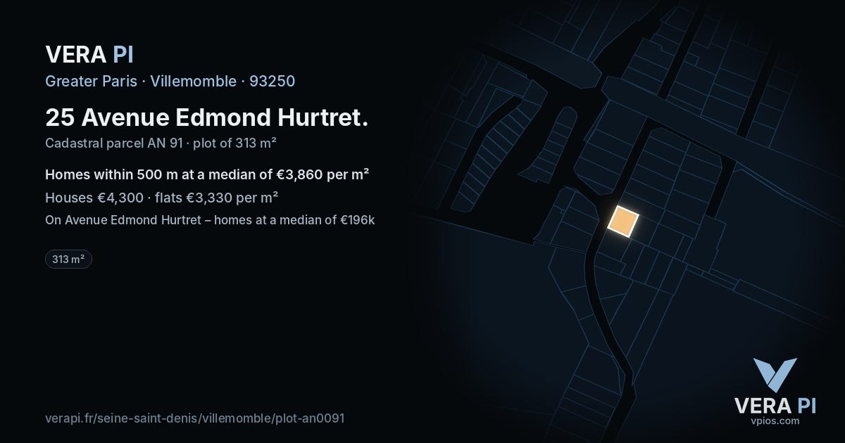 25 Avenue Edmond Hurtret, Villemomble at night – the plot lit, the parcels around coloured by the prices near them