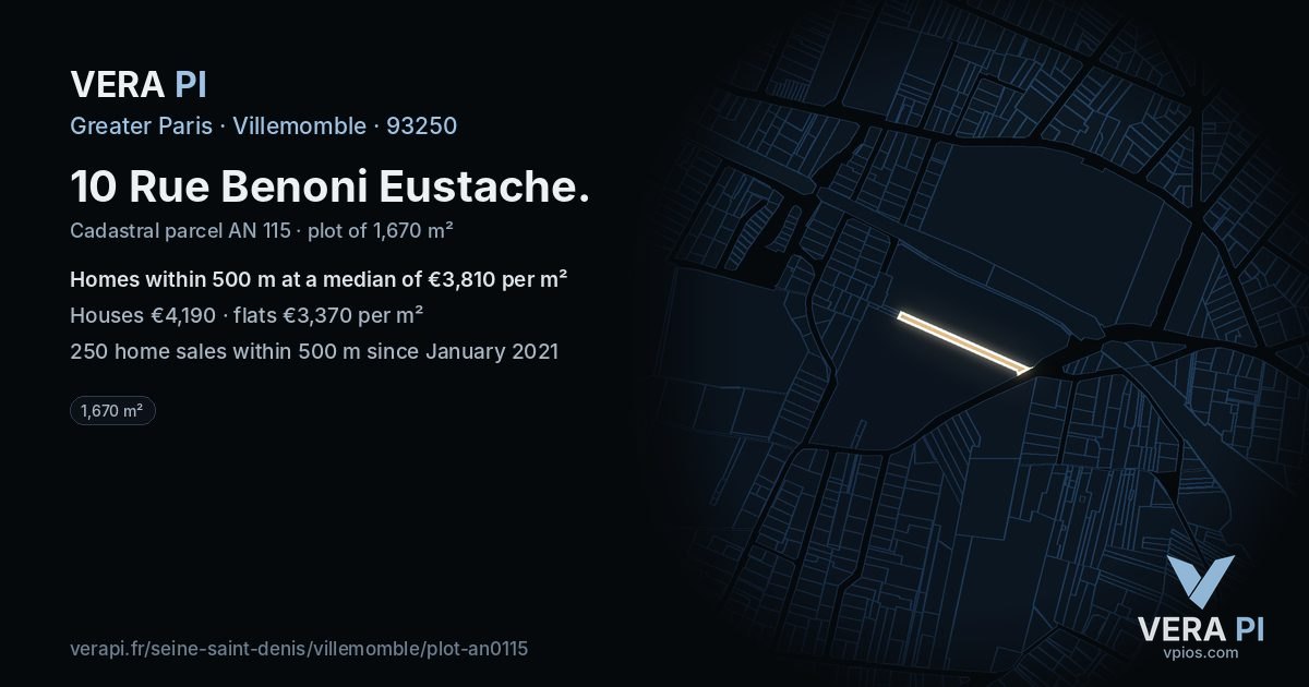 10 Rue Benoni Eustache, Villemomble at night – the plot lit, the parcels around coloured by the prices near them