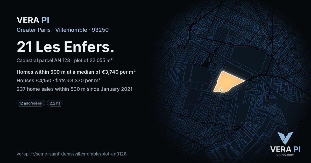 21 Les Enfers, Villemomble at night – the plot lit, the parcels around coloured by the prices near them