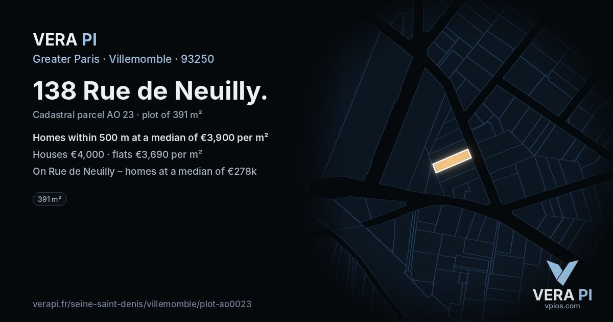138 Rue de Neuilly, Villemomble at night – the plot lit, the parcels around coloured by the prices near them