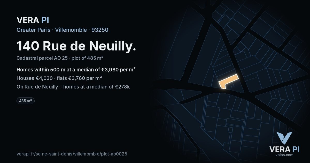 140 Rue de Neuilly, Villemomble at night – the plot lit, the parcels around coloured by the prices near them