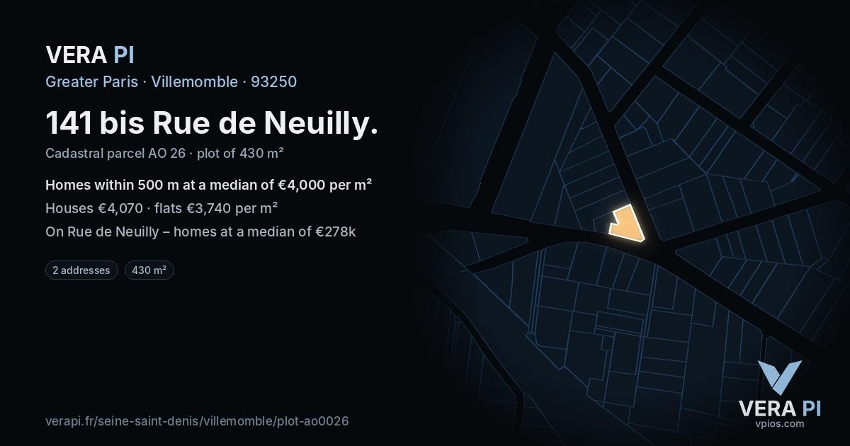 141 bis Rue de Neuilly, Villemomble at night – the plot lit, the parcels around coloured by the prices near them