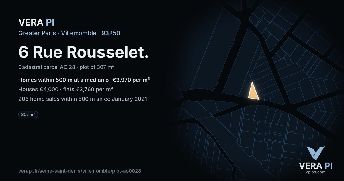 6 Rue Rousselet, Villemomble at night – the plot lit, the parcels around coloured by the prices near them