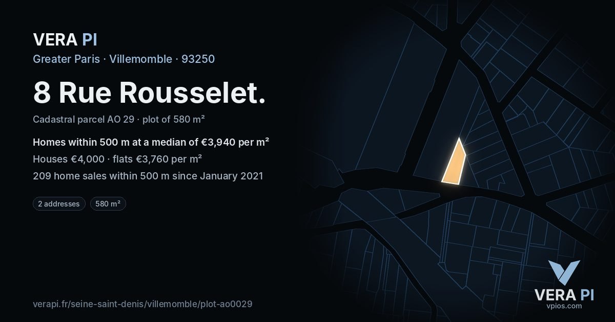 8 Rue Rousselet, Villemomble at night – the plot lit, the parcels around coloured by the prices near them