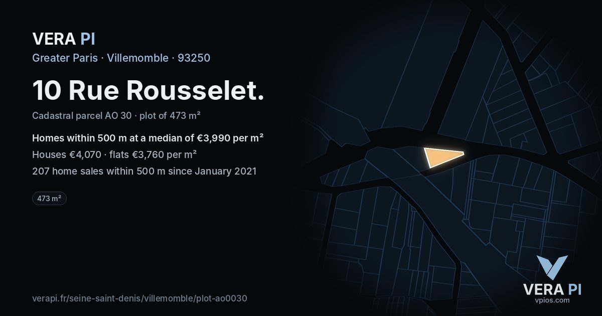 10 Rue Rousselet, Villemomble at night – the plot lit, the parcels around coloured by the prices near them