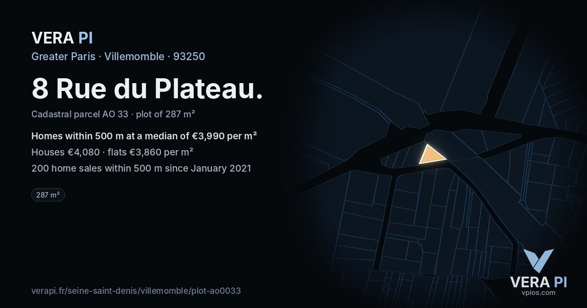 8 Rue du Plateau, Villemomble at night – the plot lit, the parcels around coloured by the prices near them