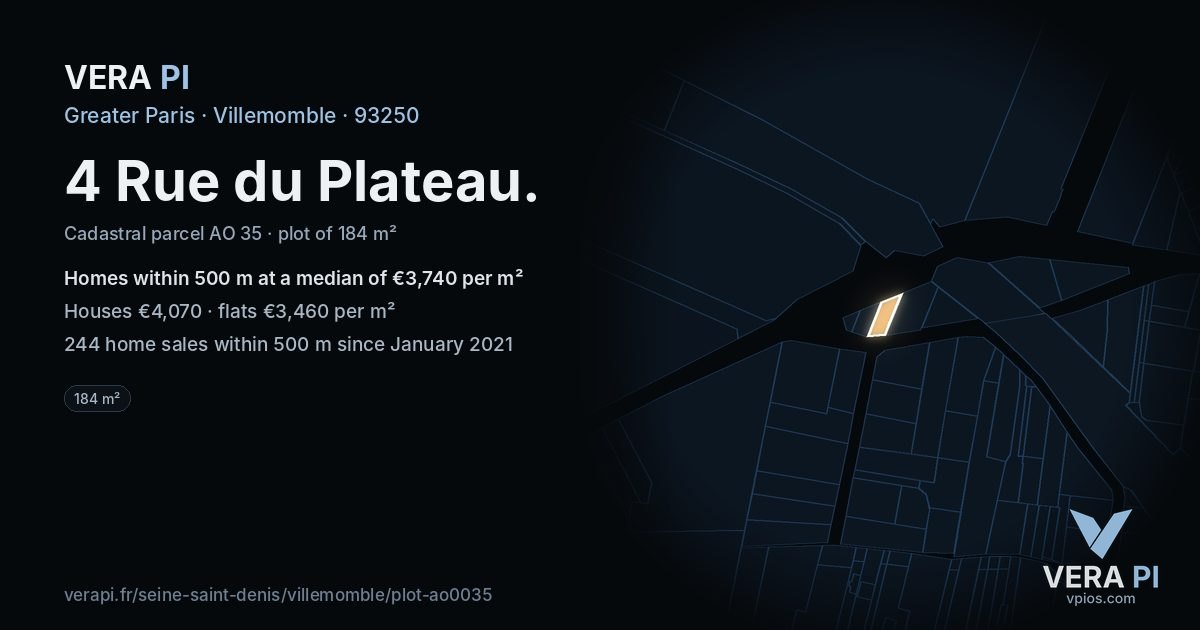 4 Rue du Plateau, Villemomble at night – the plot lit, the parcels around coloured by the prices near them