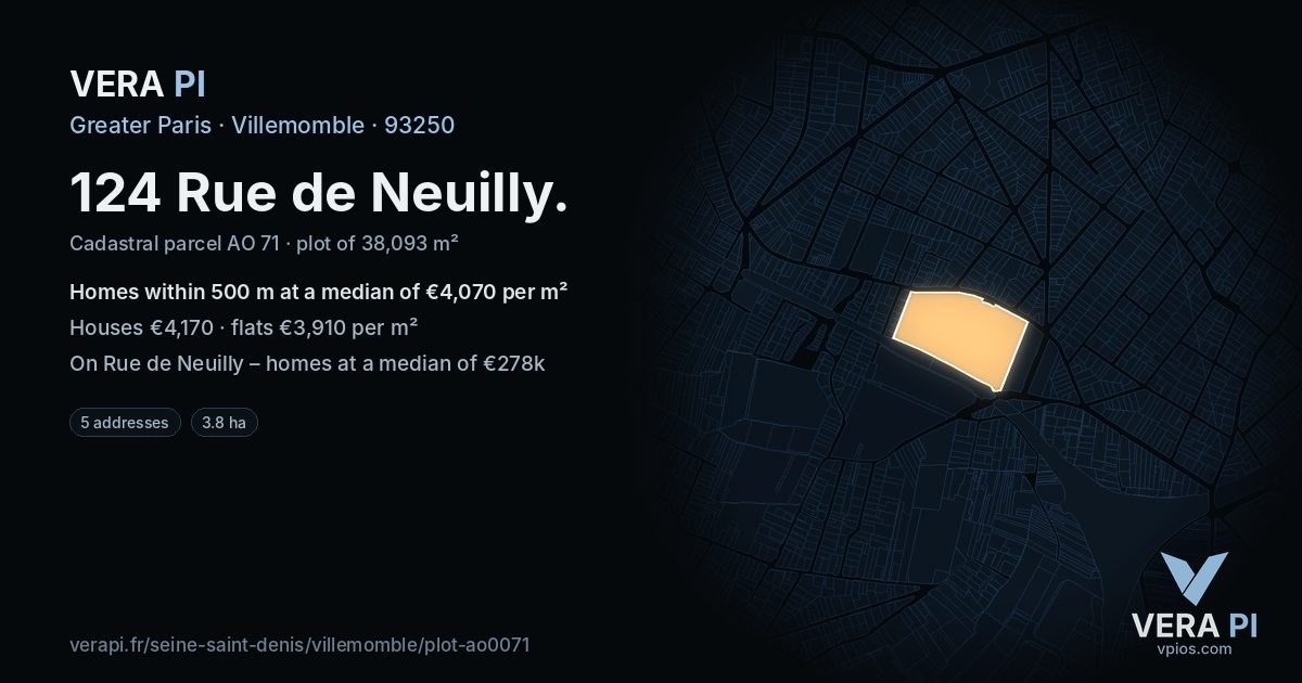 124 Rue de Neuilly, Villemomble at night – the plot lit, the parcels around coloured by the prices near them