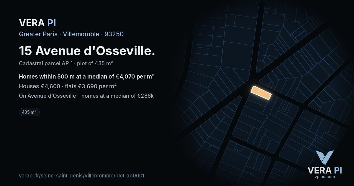 15 Avenue d'Osseville, Villemomble at night – the plot lit, the parcels around coloured by the prices near them