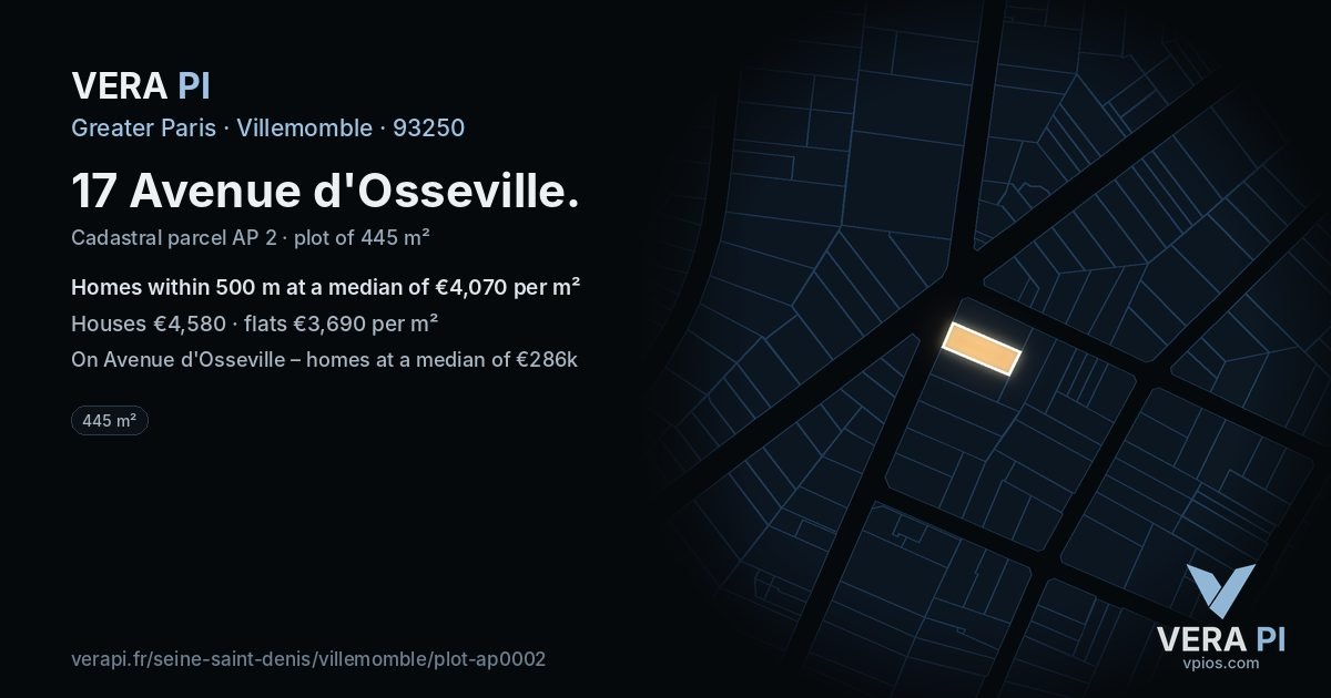 17 Avenue d'Osseville, Villemomble at night – the plot lit, the parcels around coloured by the prices near them