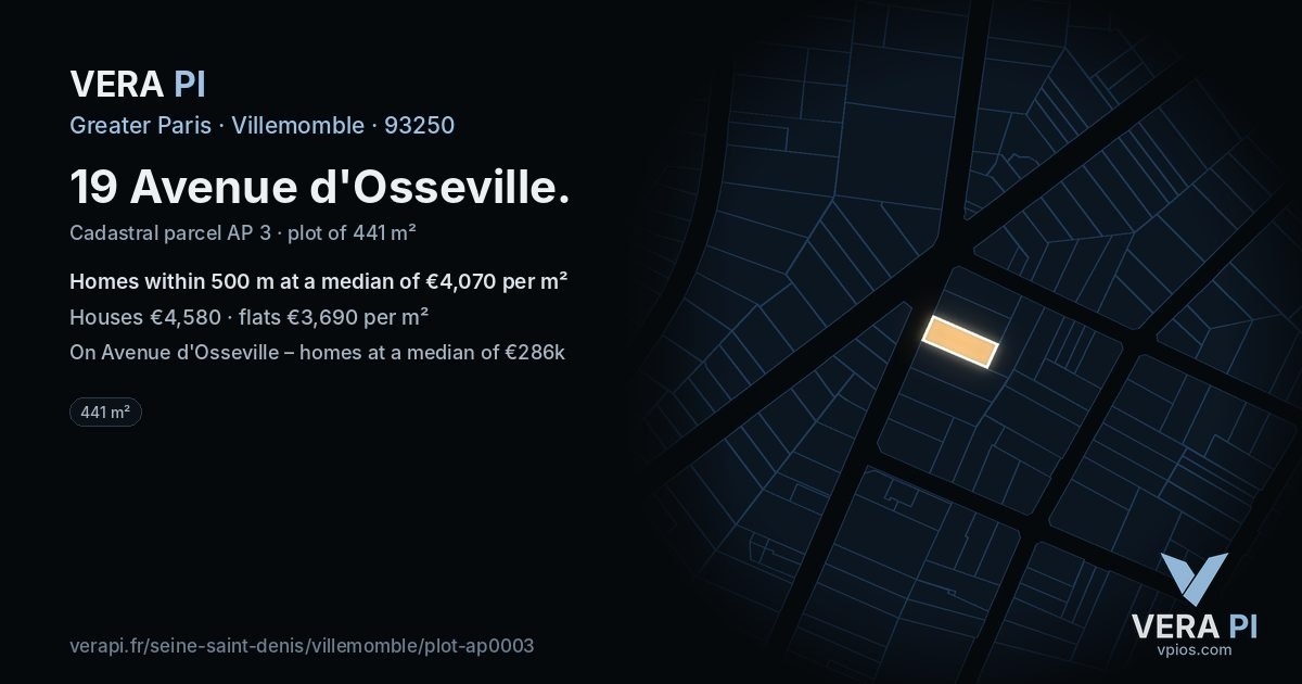 19 Avenue d'Osseville, Villemomble at night – the plot lit, the parcels around coloured by the prices near them