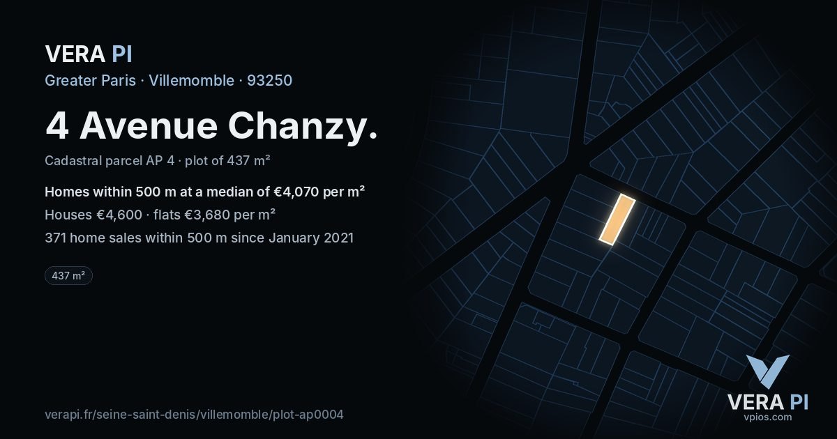 4 Avenue Chanzy, Villemomble at night – the plot lit, the parcels around coloured by the prices near them