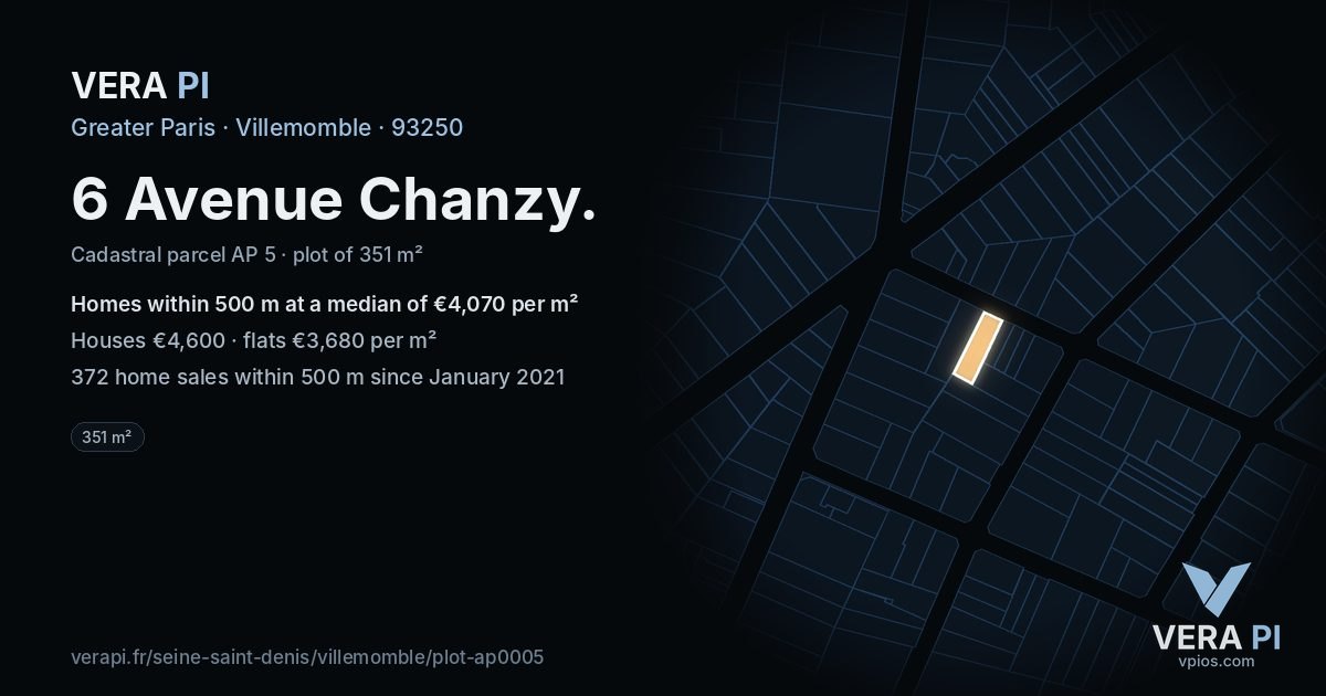 6 Avenue Chanzy, Villemomble at night – the plot lit, the parcels around coloured by the prices near them