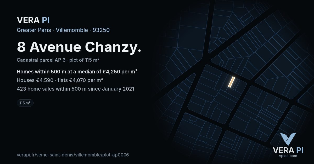 8 Avenue Chanzy, Villemomble at night – the plot lit, the parcels around coloured by the prices near them