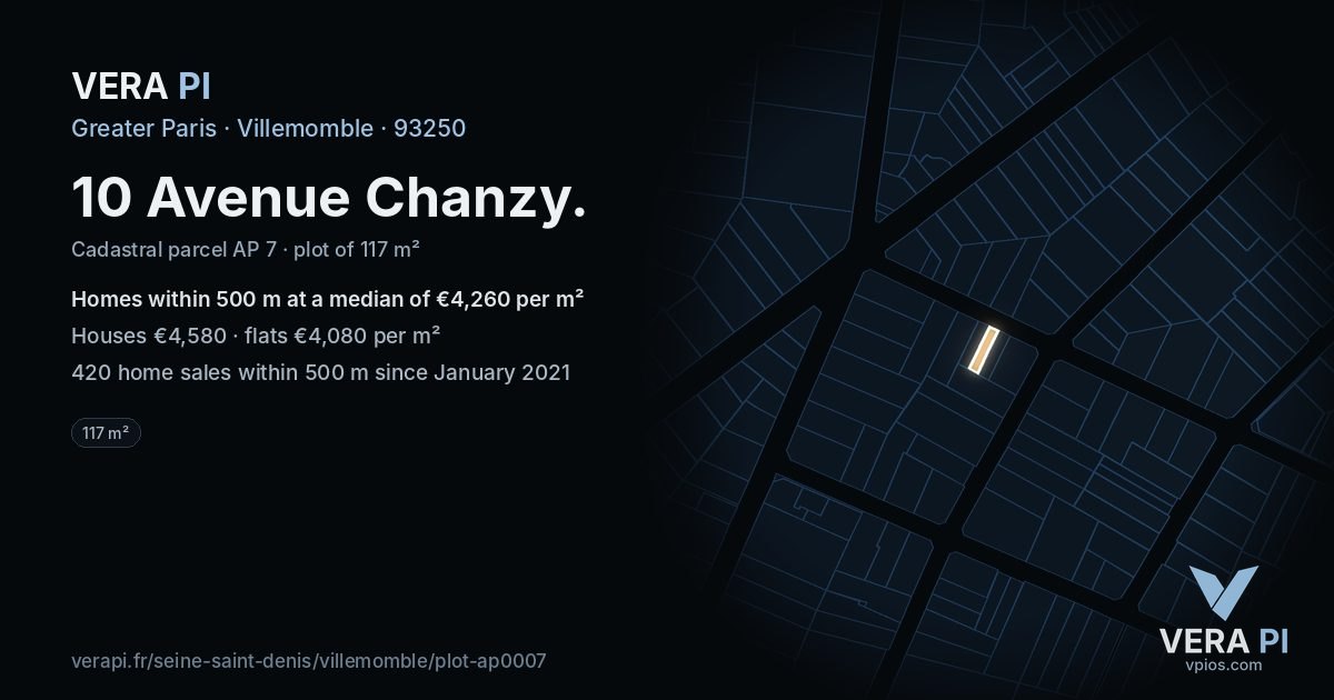 10 Avenue Chanzy, Villemomble at night – the plot lit, the parcels around coloured by the prices near them