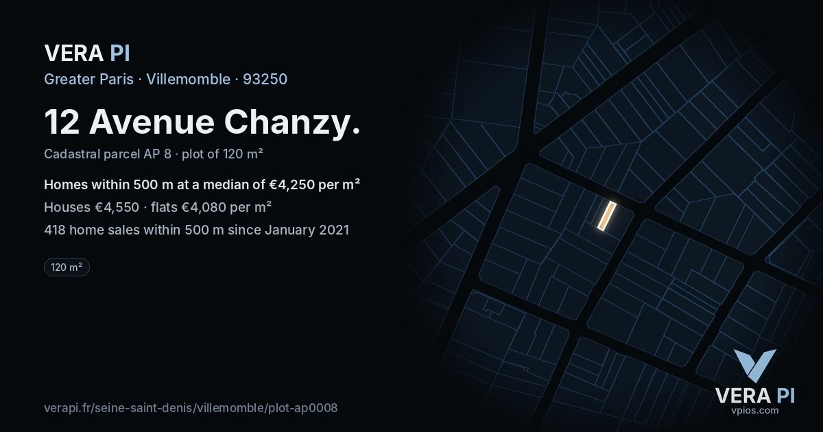 12 Avenue Chanzy, Villemomble at night – the plot lit, the parcels around coloured by the prices near them
