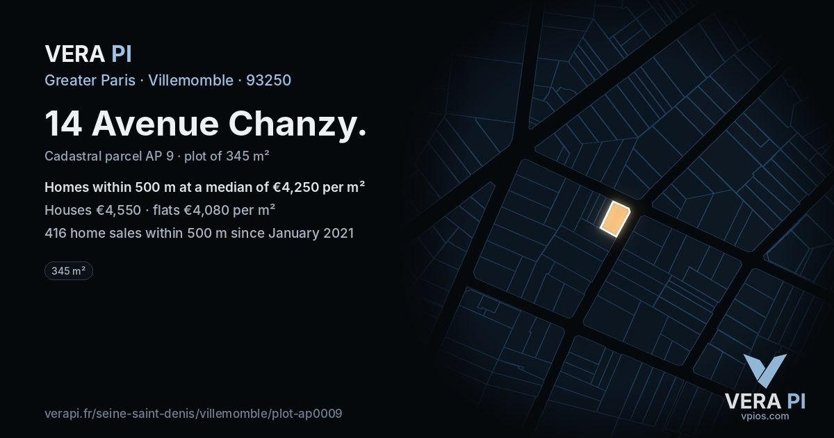 14 Avenue Chanzy, Villemomble at night – the plot lit, the parcels around coloured by the prices near them