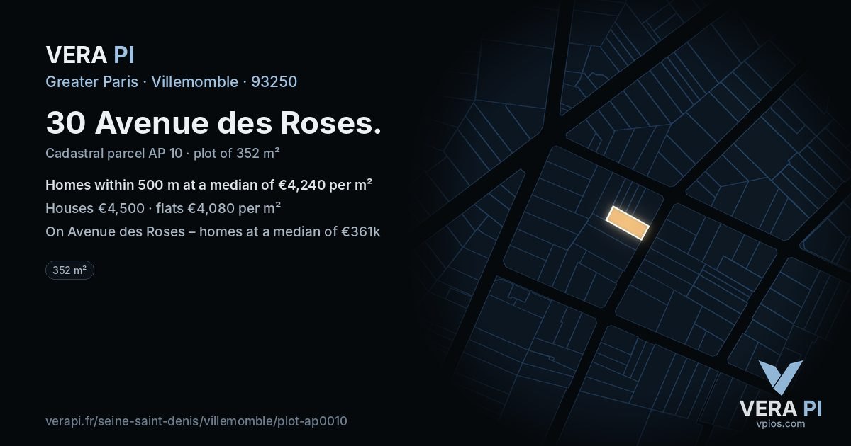 30 Avenue des Roses, Villemomble at night – the plot lit, the parcels around coloured by the prices near them