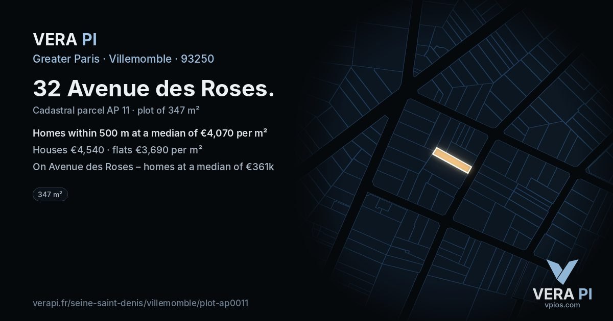 32 Avenue des Roses, Villemomble at night – the plot lit, the parcels around coloured by the prices near them