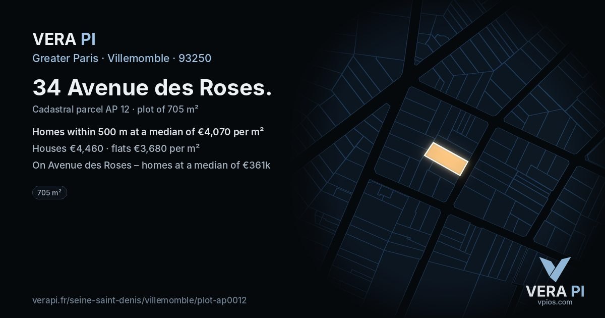 34 Avenue des Roses, Villemomble at night – the plot lit, the parcels around coloured by the prices near them
