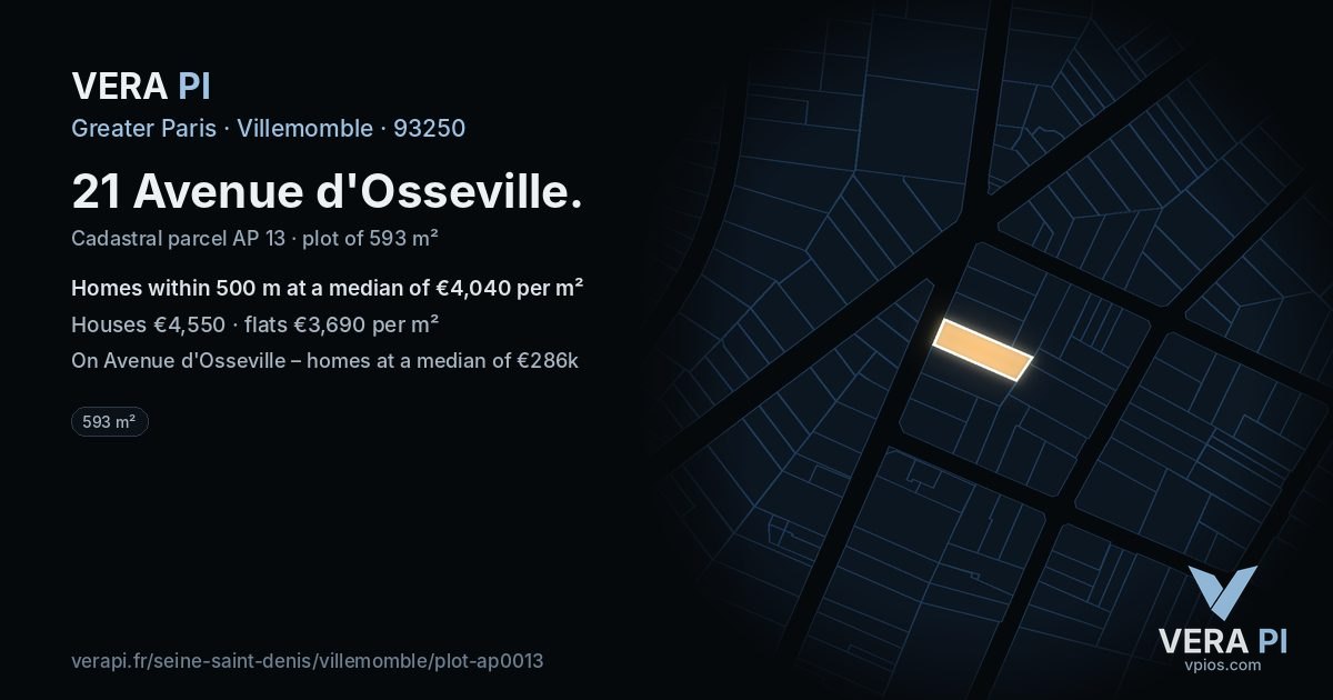 21 Avenue d'Osseville, Villemomble at night – the plot lit, the parcels around coloured by the prices near them